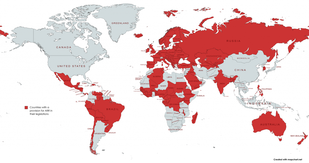 Map showing n red the conuntries with Resale Right in their legislations